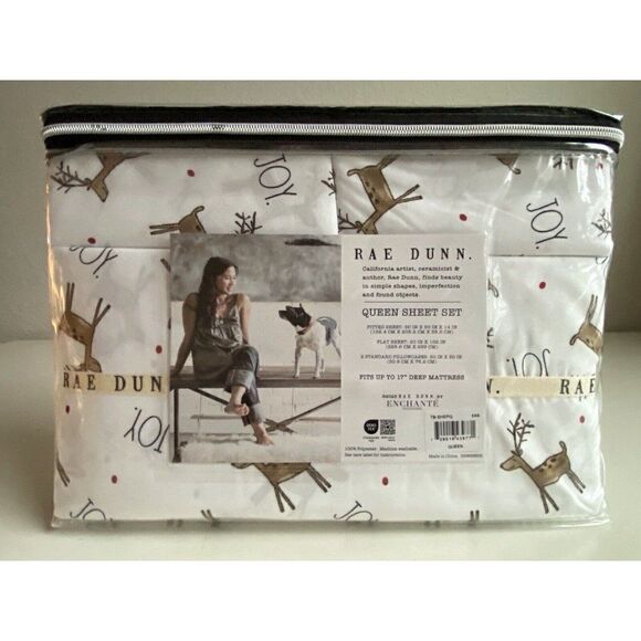 Rae Dunn JOY Reindeer Christmas Holiday Soft Queen Size Sheet Set 4 Piece NEW - Picture 11 of 14
